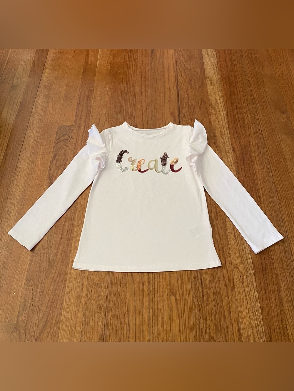 Mayoral White Long-Sleeve Tee with Multicolor Sequin/ Pearl “Create'